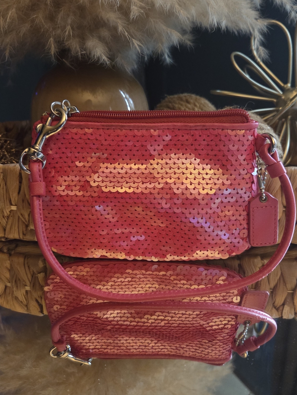 Coach Pink Sequin Wristlet w/ Matching Beaded Mini Bag Charm Bundle - Picture 7 of 17